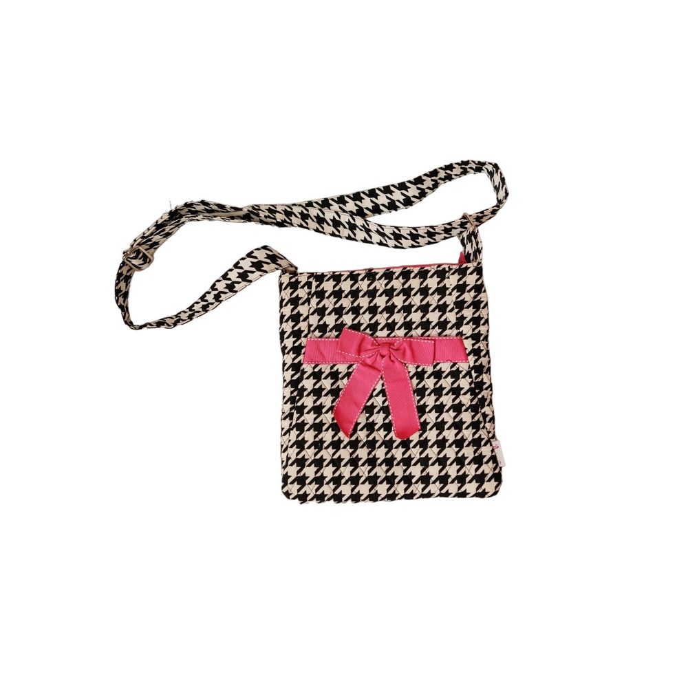 Belvah fabric herringbone Quilted Crossbody Bag Purse black white pink‎ bow